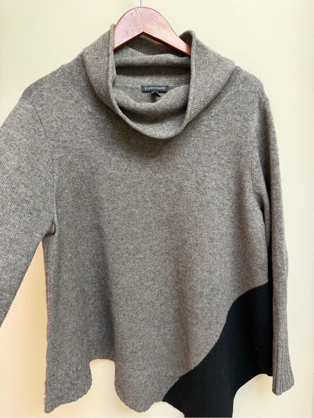 Eileen Fisher Taupe Gray Wool Cowlneck Sweater with Black Panel